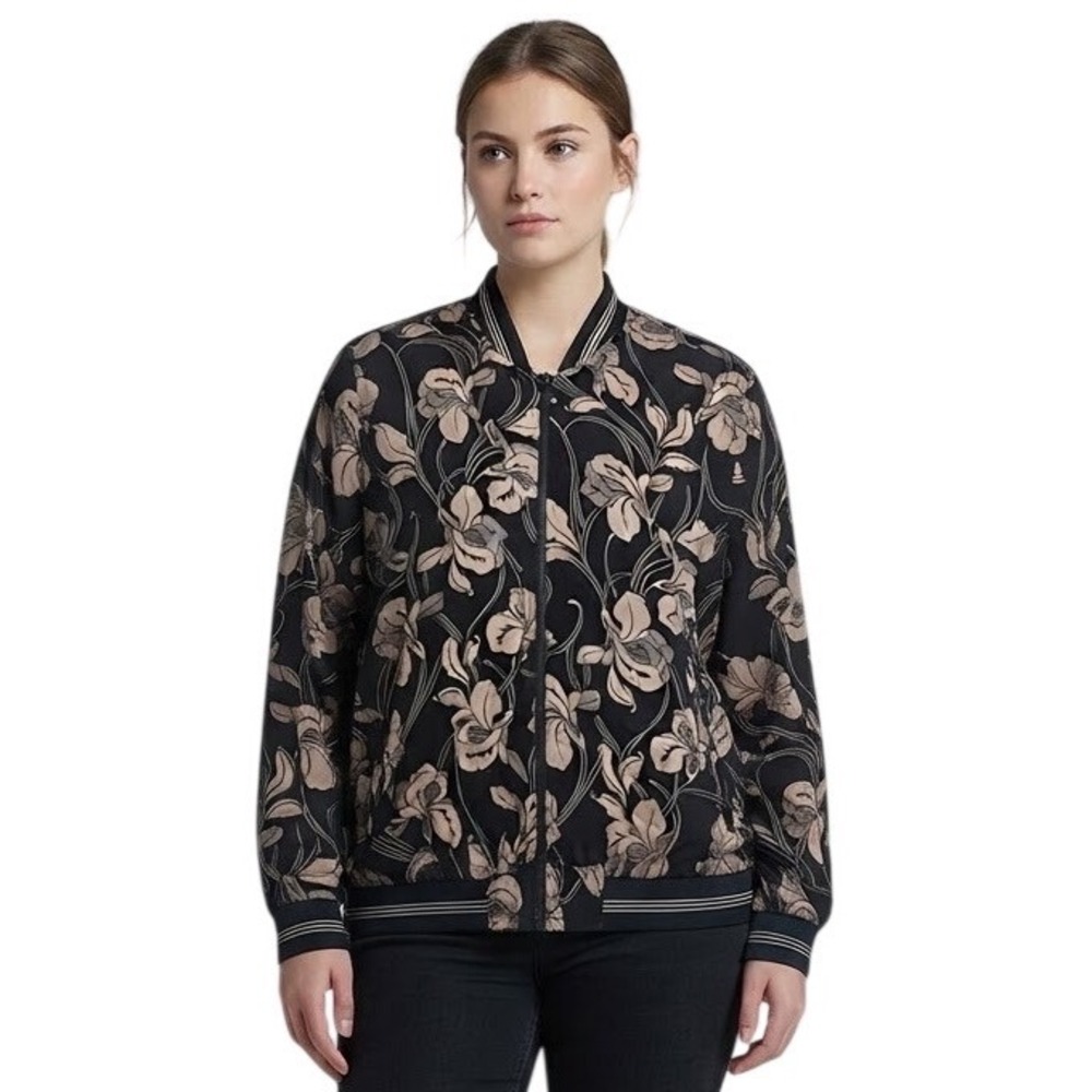 Porter & Ash Bomber Jacket Black Tan Floral Fall Transitional Layer Indie Large